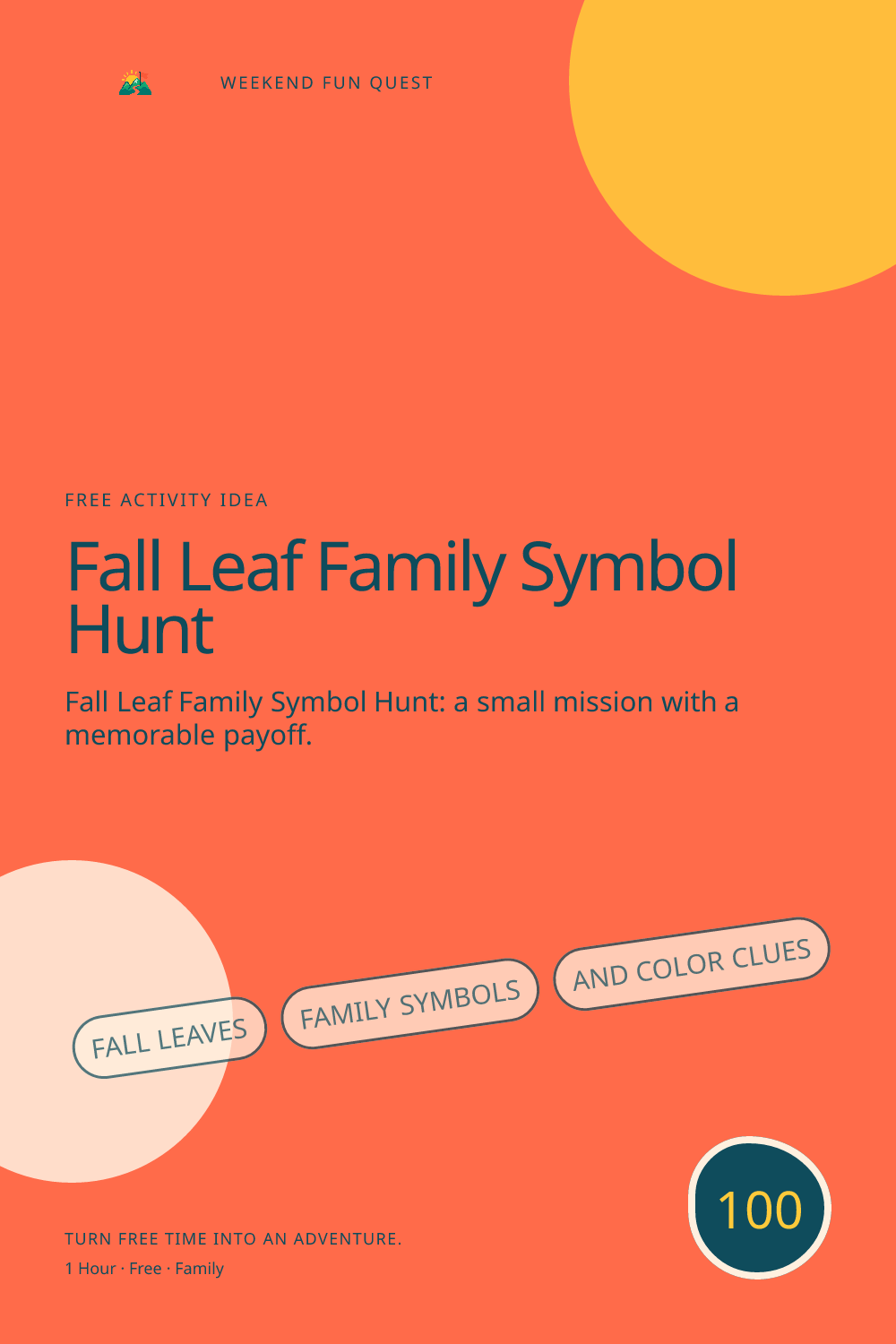 Vertical Pinterest activity illustration for fall leaf family symbol hunt featuring fall leaves, family symbols, and color clues