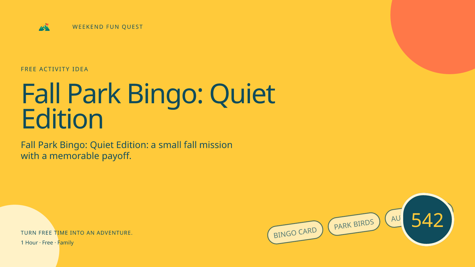 Wide Weekend Fun Quest illustration for fall park bingo: quiet edition featuring bingo card, park birds, autumn bench