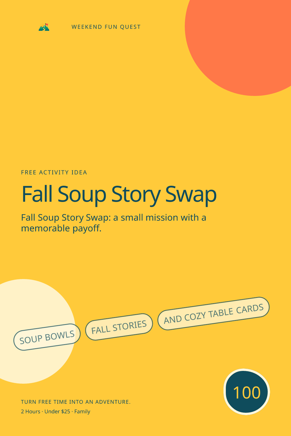 Vertical Pinterest activity illustration for fall soup story swap featuring soup bowls, fall stories, and cozy table cards