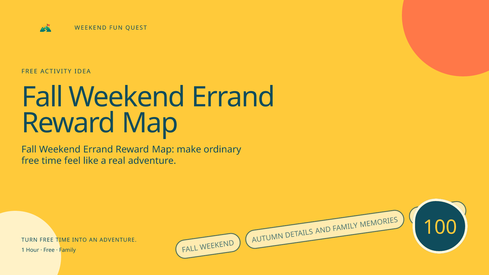 Wide Weekend Fun Quest illustration for fall weekend errand reward map featuring autumn details and family memories
