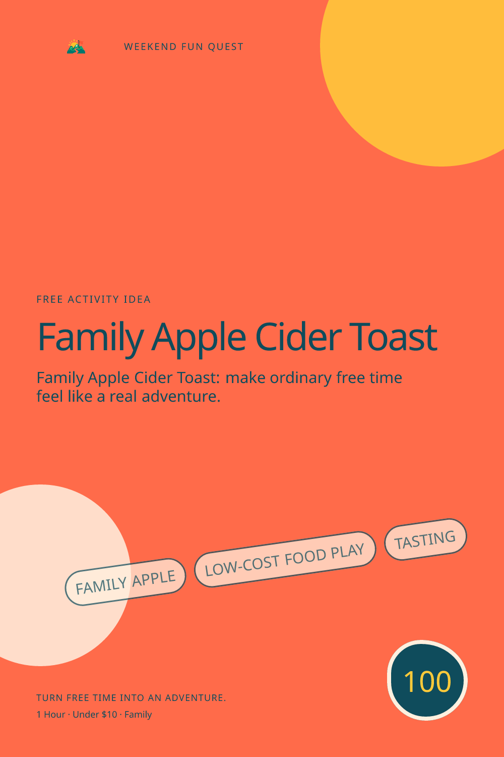 Vertical Pinterest activity illustration for family apple cider toast featuring low-cost food play, tasting, and thoughtful kitchen roles