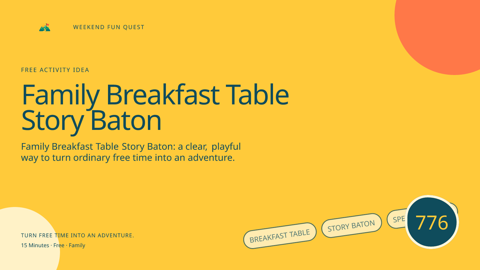 Wide hero Weekend Fun Quest illustration for family breakfast table story baton featuring breakfast table, story baton, speech bubbles