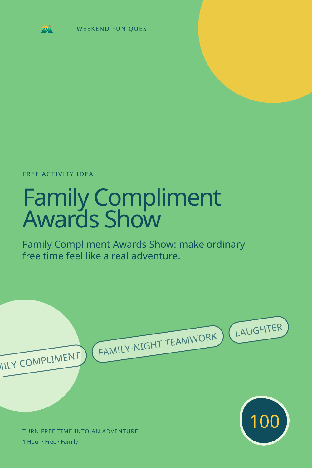 Vertical Pinterest activity illustration for family compliment awards show featuring family-night teamwork, laughter, and small rituals