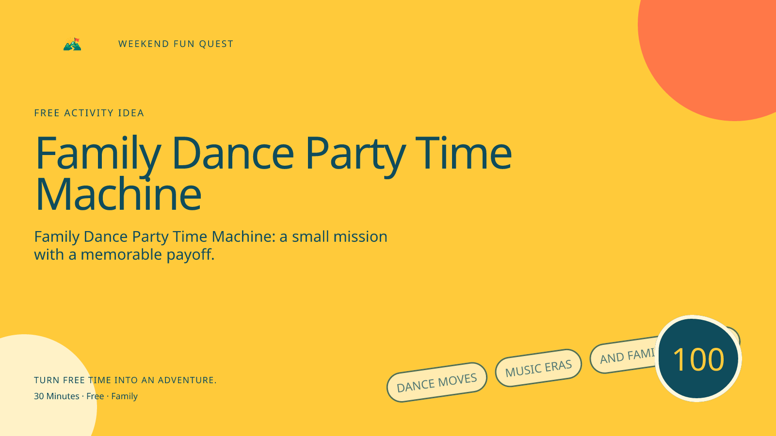 Wide Weekend Fun Quest illustration for family dance party time machine featuring dance moves, music eras, and family favorites