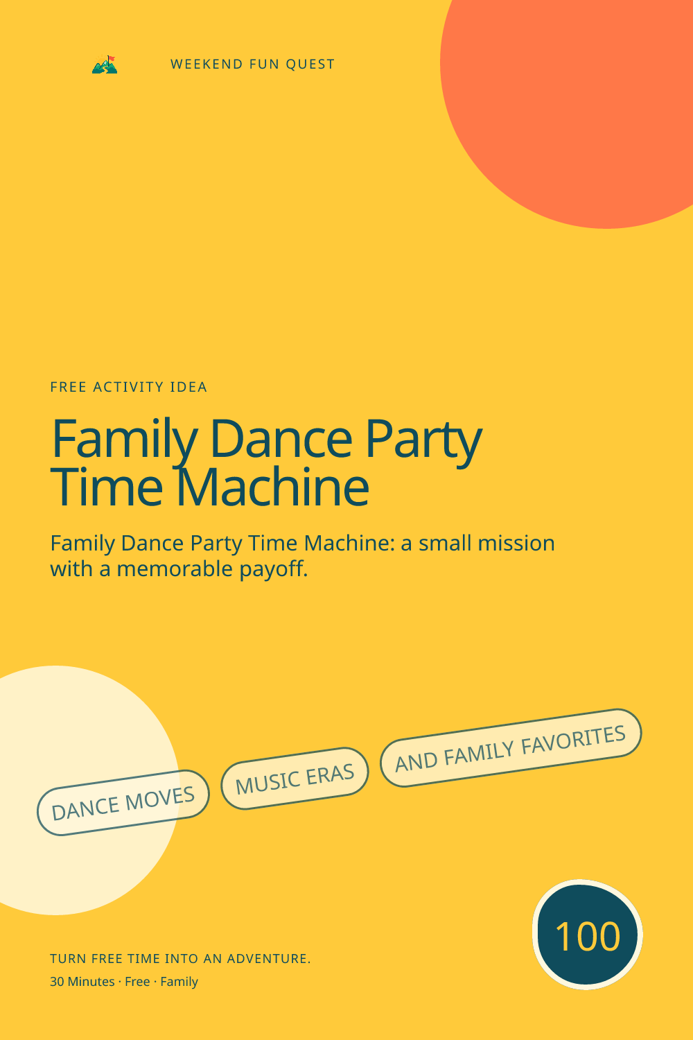 Vertical Pinterest activity illustration for family dance party time machine featuring dance moves, music eras, and family favorites