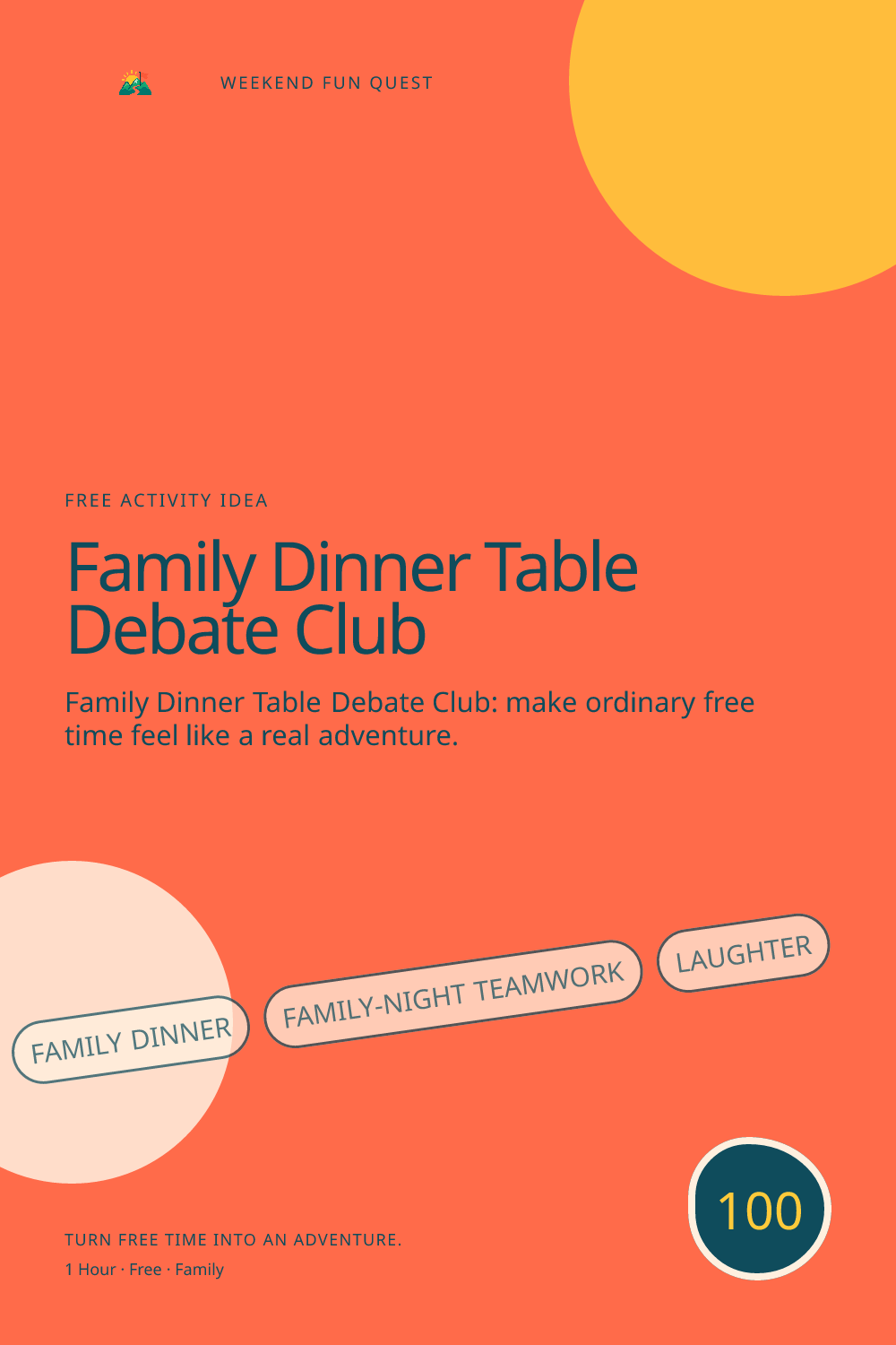 Vertical Pinterest activity illustration for family dinner table debate club featuring family-night teamwork, laughter, and small rituals