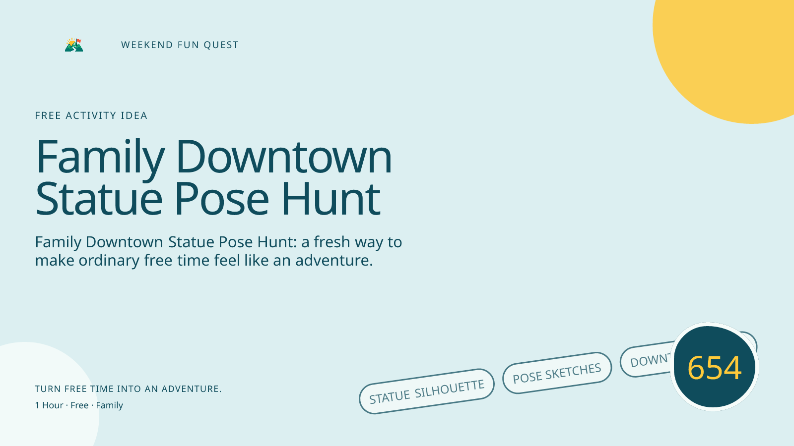 Wide Weekend Fun Quest illustration for family downtown statue pose hunt featuring statue silhouette, pose sketches, downtown mural