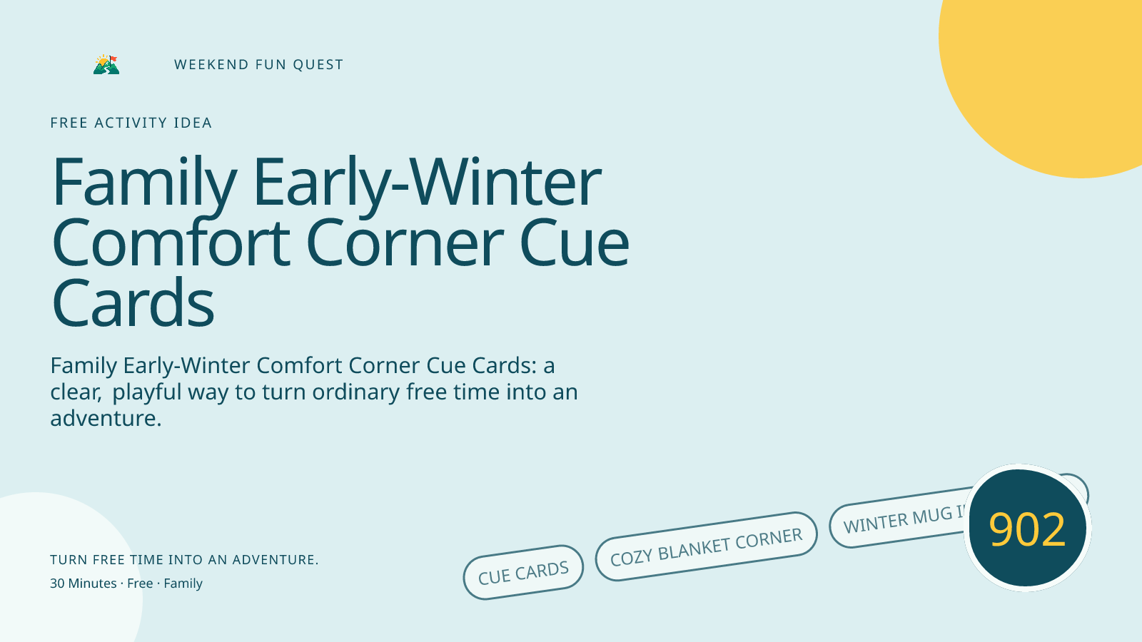 Wide hero for family early-winter comfort corner cue cards featuring cue cards, cozy blanket corner, winter mug illustration