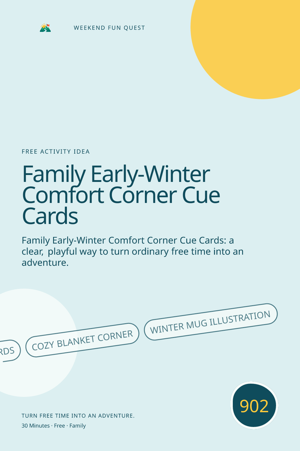Vertical Pinterest for family early-winter comfort corner cue cards featuring cue cards, cozy blanket corner, winter mug illustration