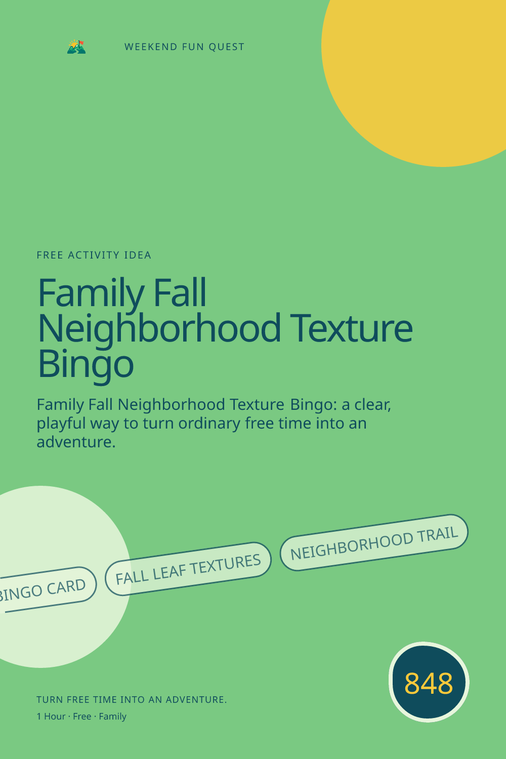 Vertical Pinterest Weekend Fun Quest illustration for family fall neighborhood texture bingo featuring bingo card, fall leaf textures, neighborhood trail