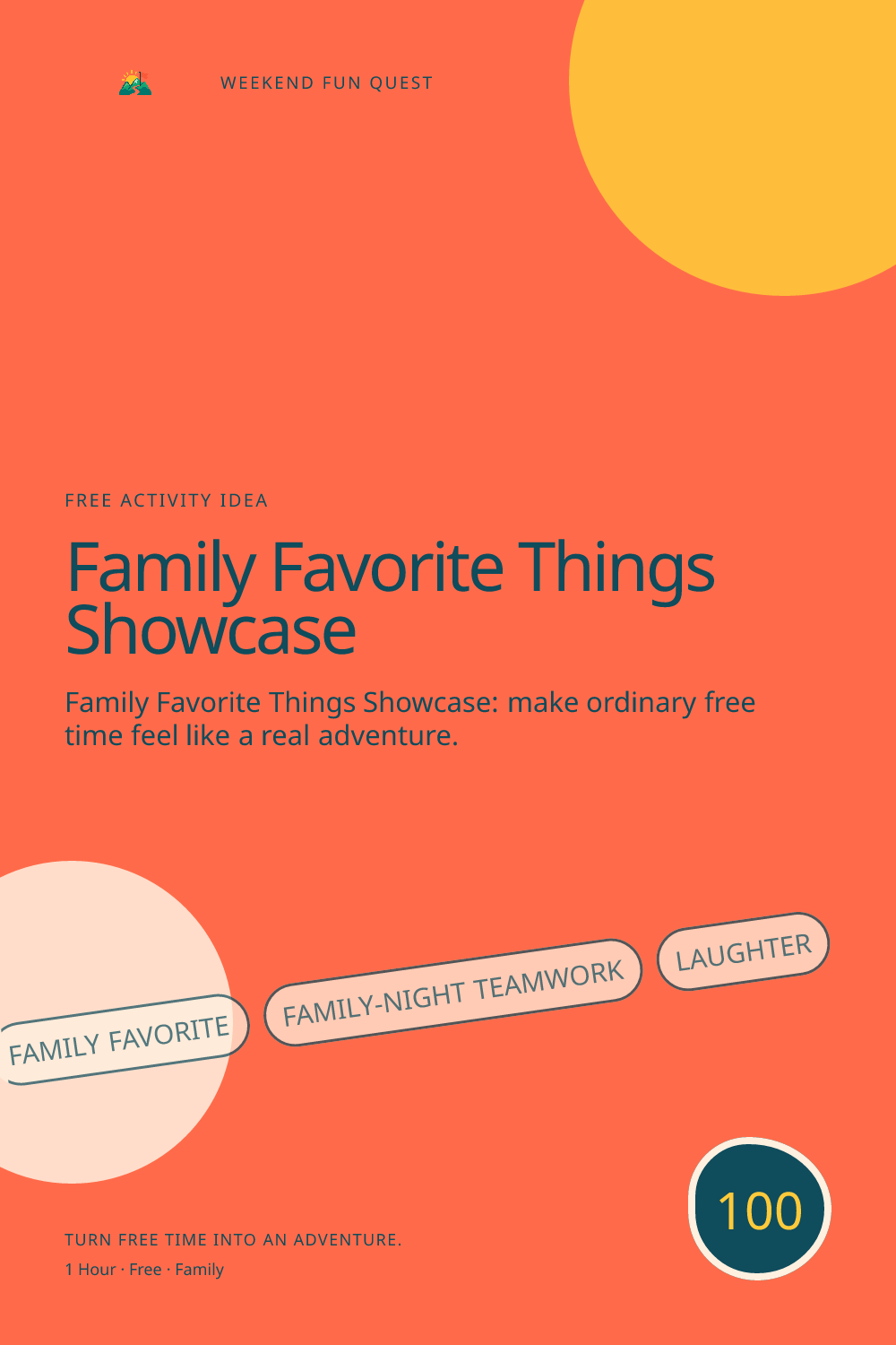 Vertical Pinterest activity illustration for family favorite things showcase featuring family-night teamwork, laughter, and small rituals
