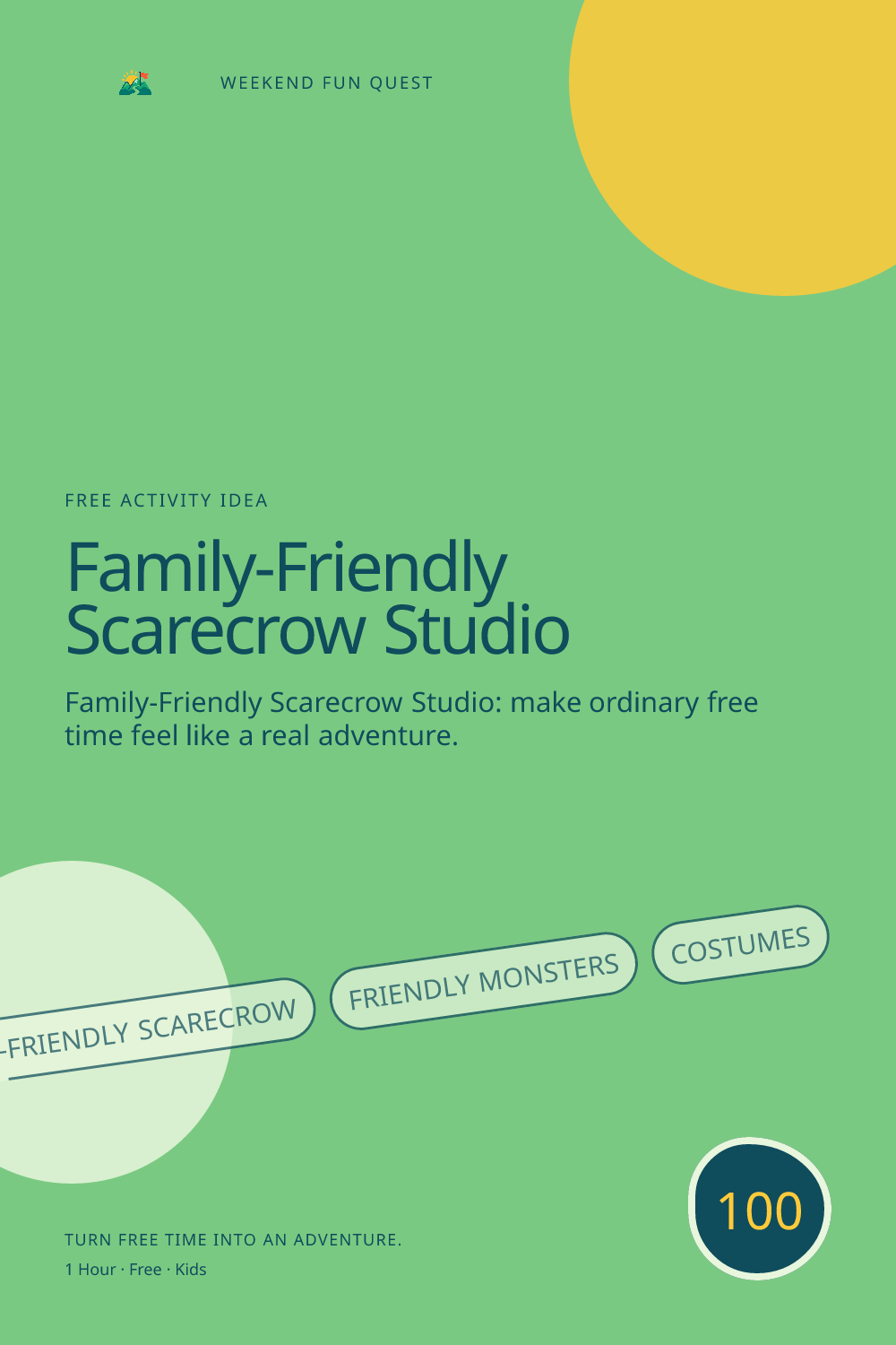 Vertical Pinterest activity illustration for family-friendly scarecrow studio featuring friendly monsters, costumes, and Halloween imagination
