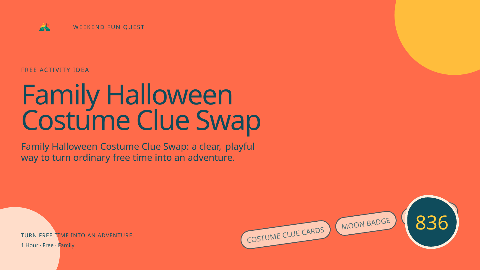 Wide hero Weekend Fun Quest illustration for family halloween costume clue swap featuring costume clue cards, moon badge, paper stars