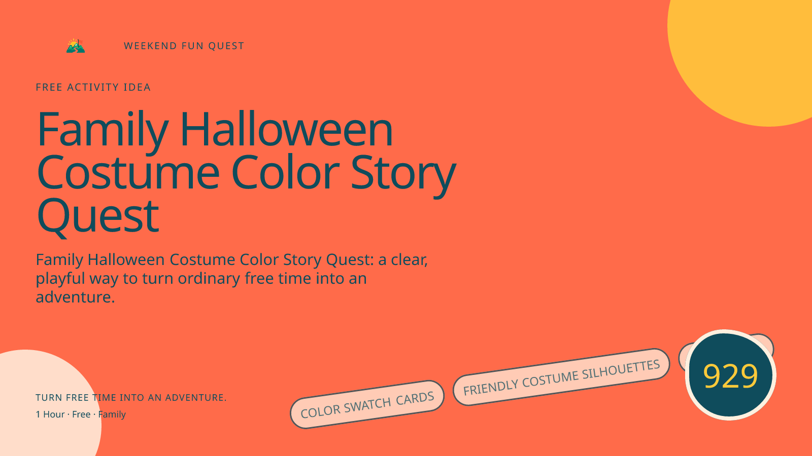Wide hero for family halloween costume color story quest featuring color swatch cards, friendly costume silhouettes, paper stars