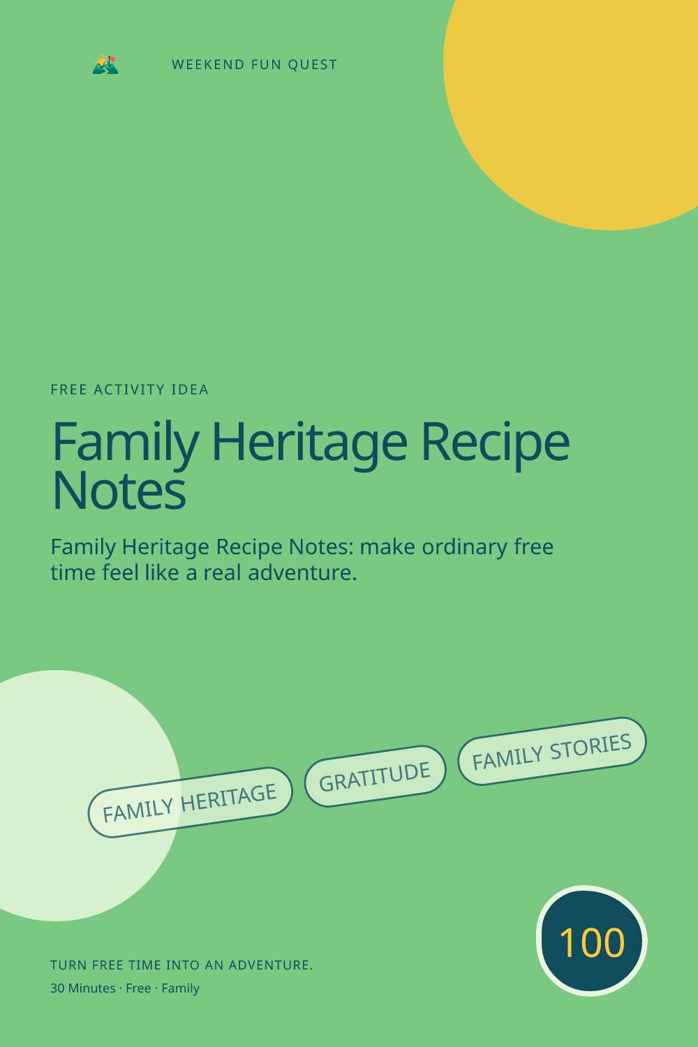Vertical Pinterest activity illustration for family heritage recipe notes featuring gratitude, family stories, and practical November traditions