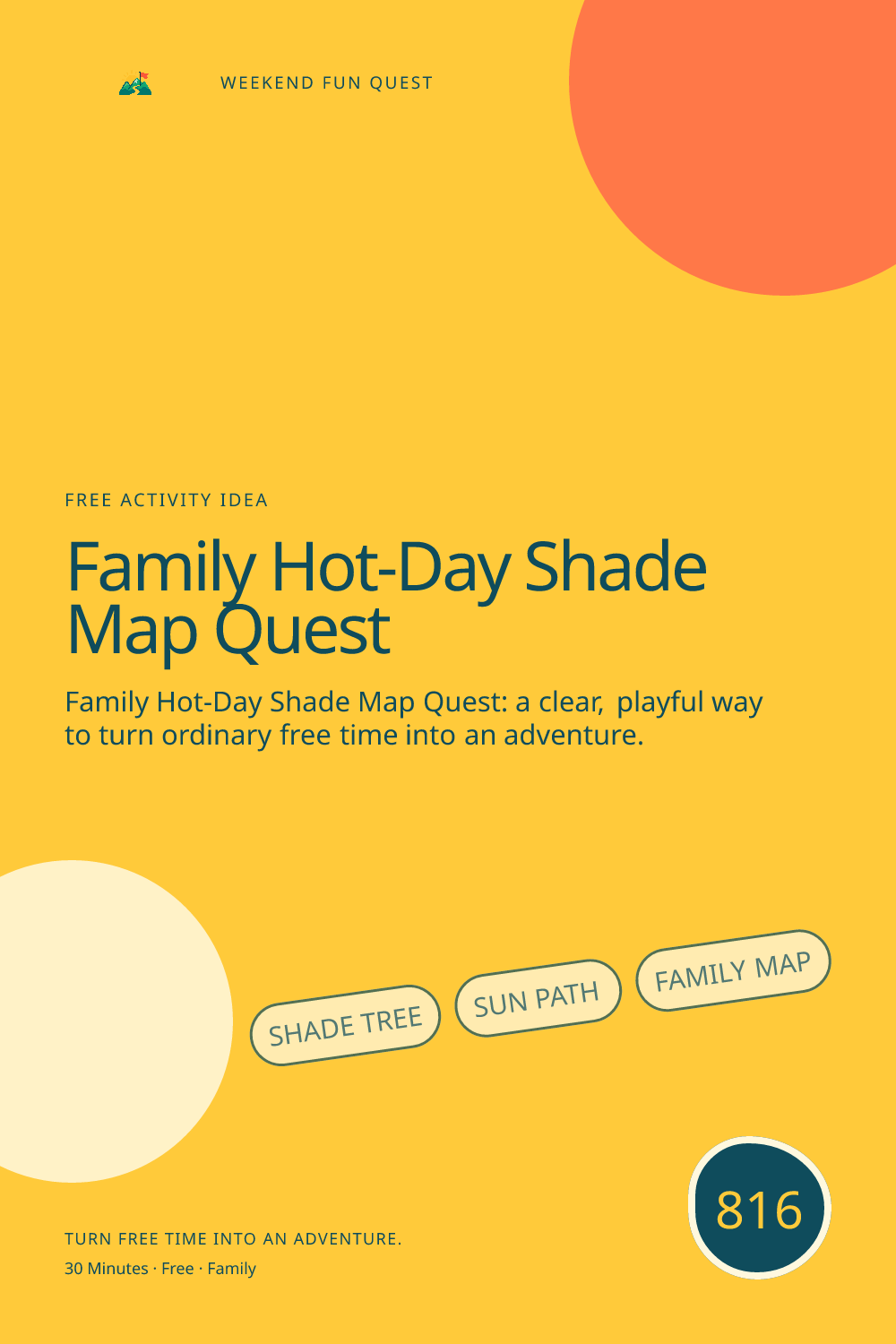 Vertical Pinterest Weekend Fun Quest illustration for family hot-day shade map quest featuring shade tree, sun path, family map