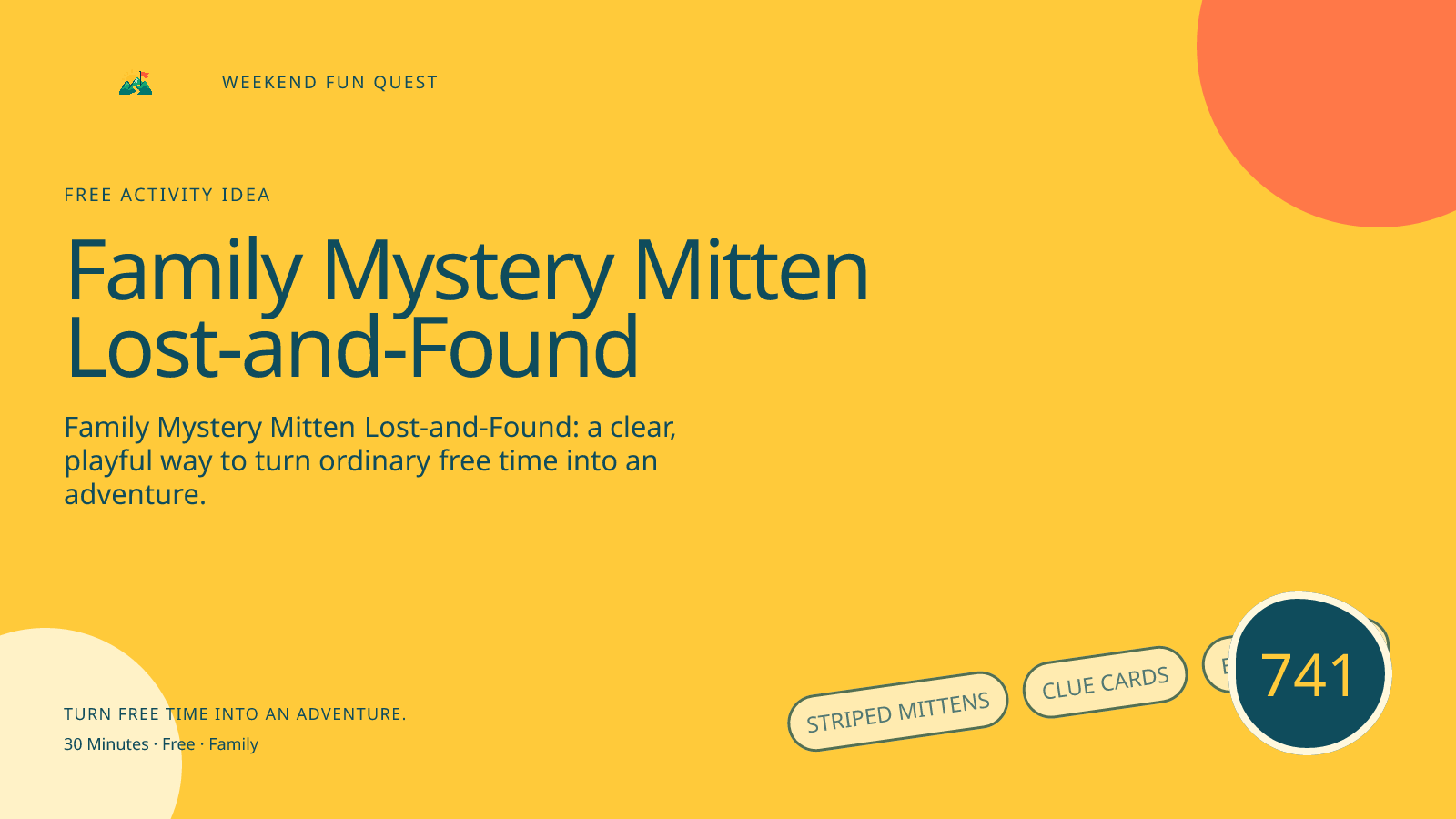 Wide hero Weekend Fun Quest illustration for family mystery mitten lost-and-found featuring striped mittens, clue cards, entry basket