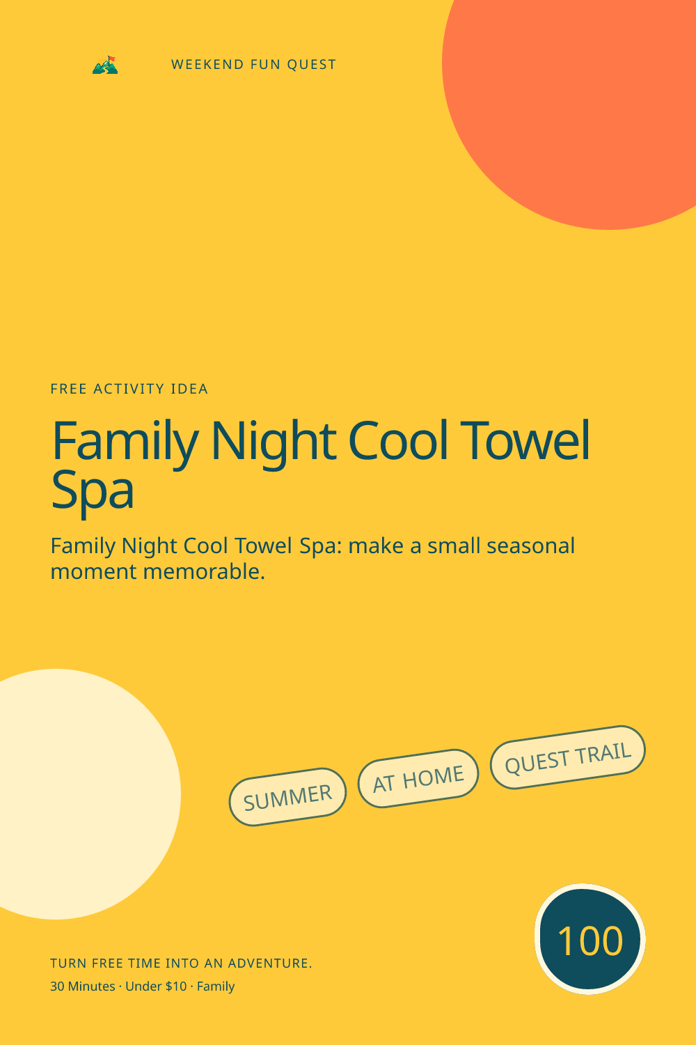 Vertical Pinterest illustration for family night cool towel spa featuring make a calm cooling routine with damp towels, music choices, and quiet conversation