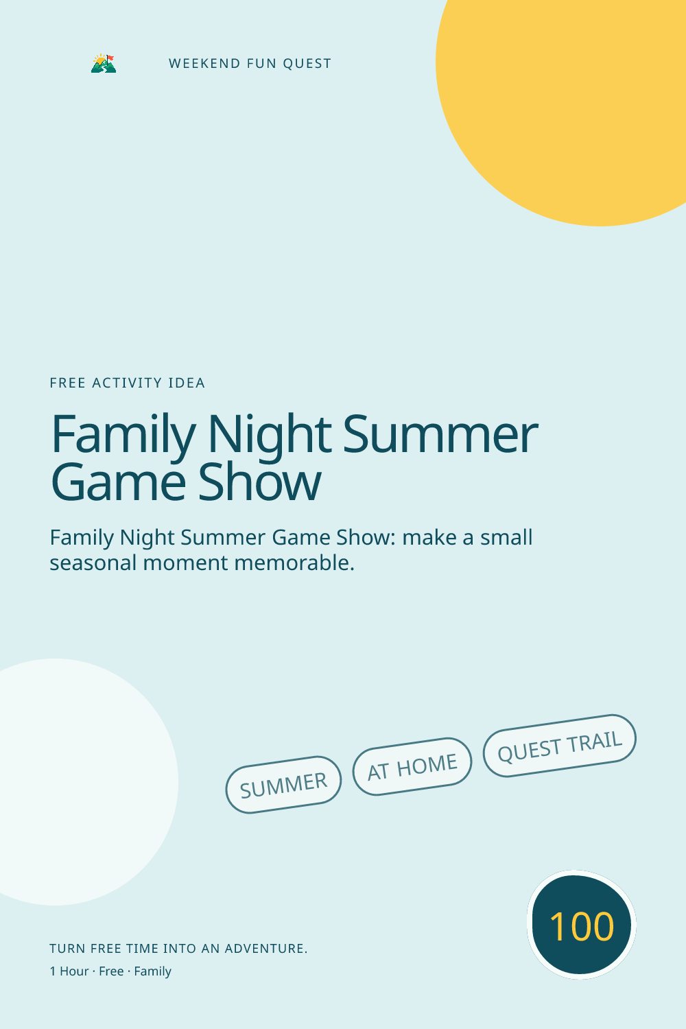 Vertical Pinterest illustration for family night summer game show featuring host a friendly game show with summer categories, team choices, and no elimination