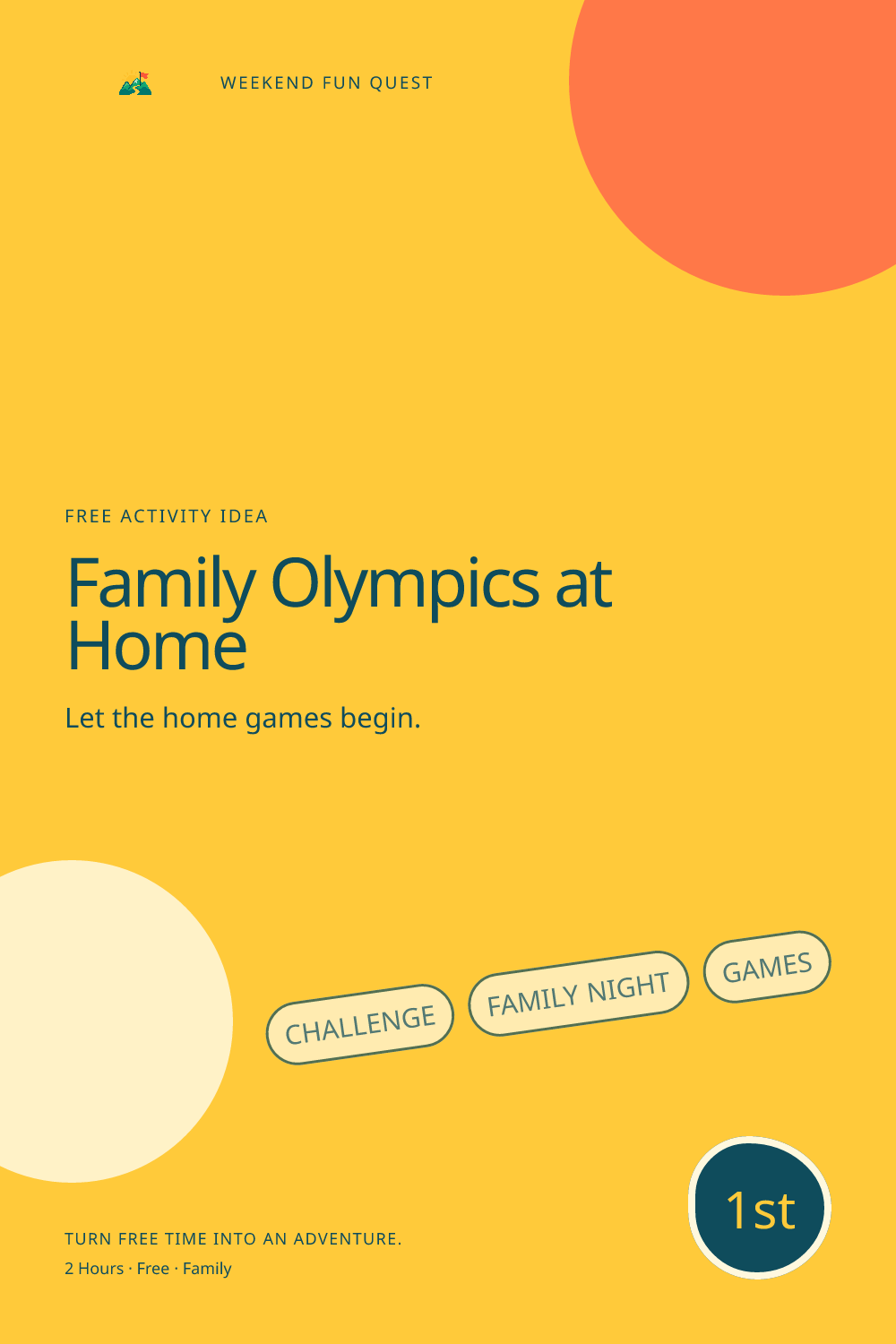 Family Olympics at Home: vertical Pinterest graphic illustration showing challenge, family night, games, quest trail for Weekend Fun Quest