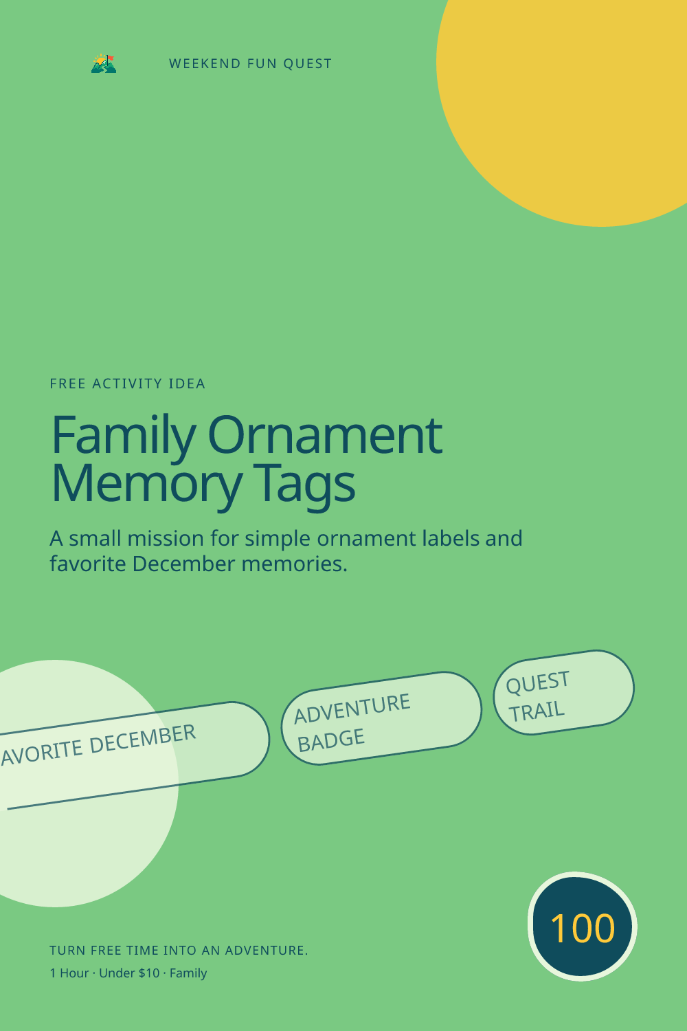 Vertical Pinterest graphic for family ornament memory tags featuring simple ornament labels and favorite December memories and a quest trail