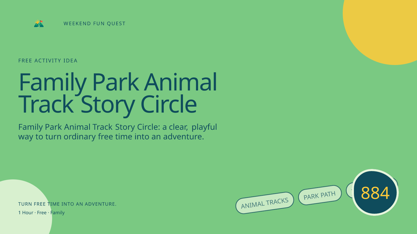 Wide hero for family park animal track story circle featuring animal tracks, park path, story circle