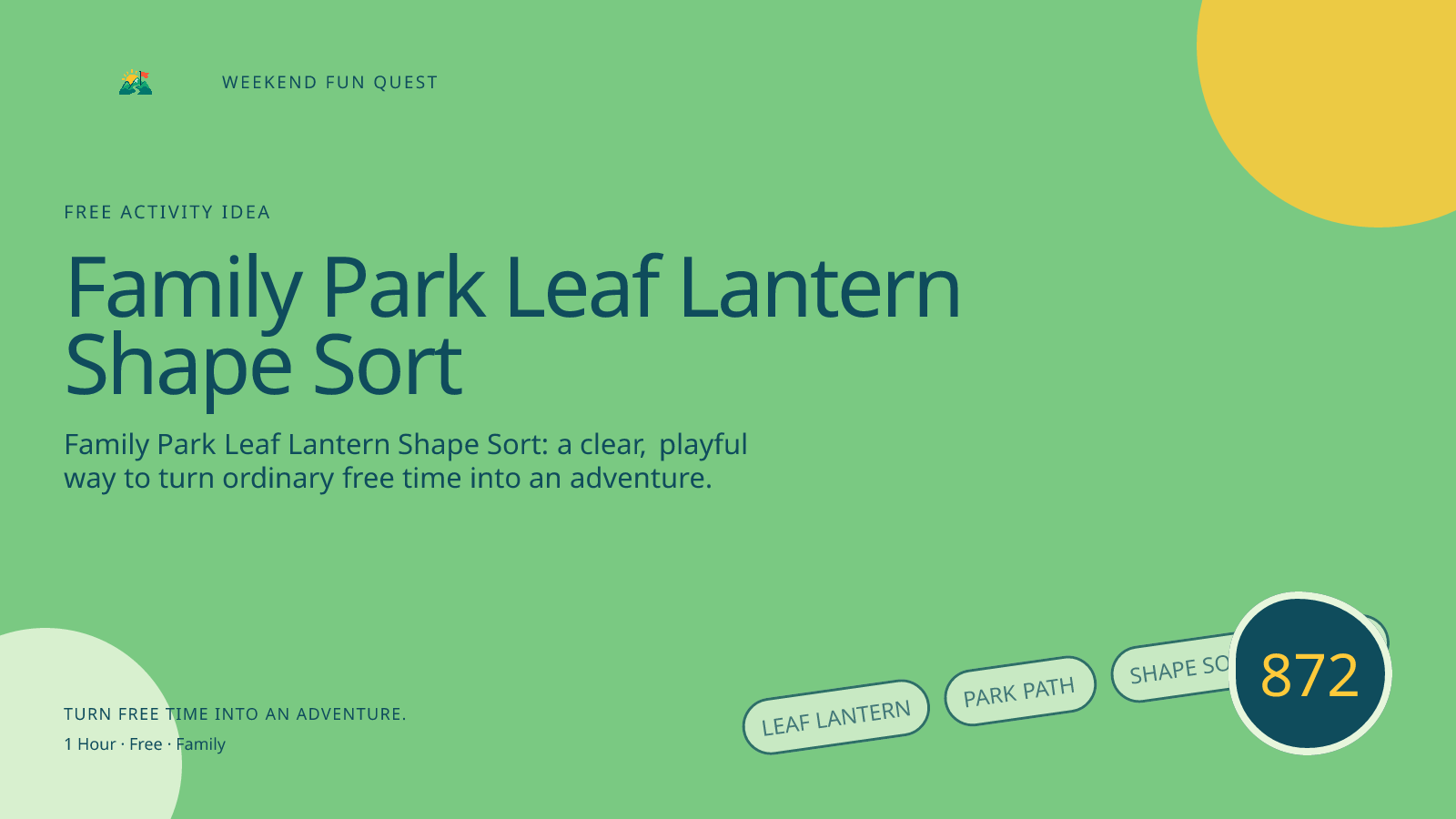 Wide hero Weekend Fun Quest illustration for family park leaf lantern shape sort featuring leaf lantern, park path, shape sorting cards