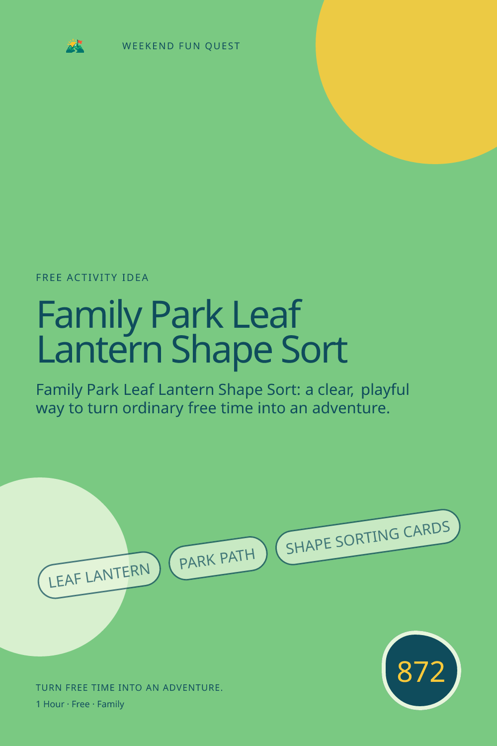 Vertical Pinterest Weekend Fun Quest illustration for family park leaf lantern shape sort featuring leaf lantern, park path, shape sorting cards