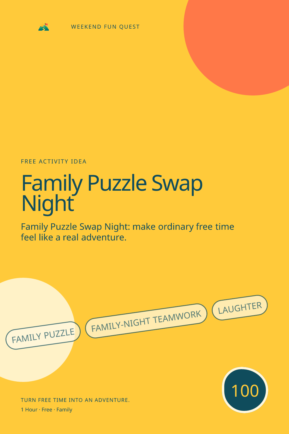 Vertical Pinterest activity illustration for family puzzle swap night featuring family-night teamwork, laughter, and small rituals