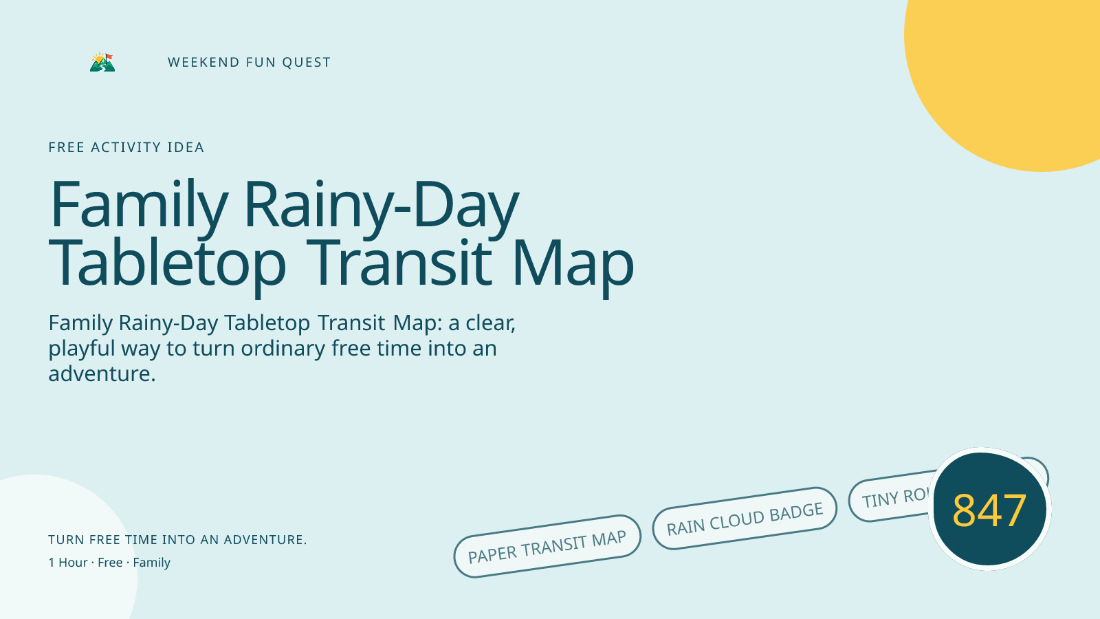 Wide hero Weekend Fun Quest illustration for family rainy-day tabletop transit map featuring paper transit map, rain cloud badge, tiny route markers