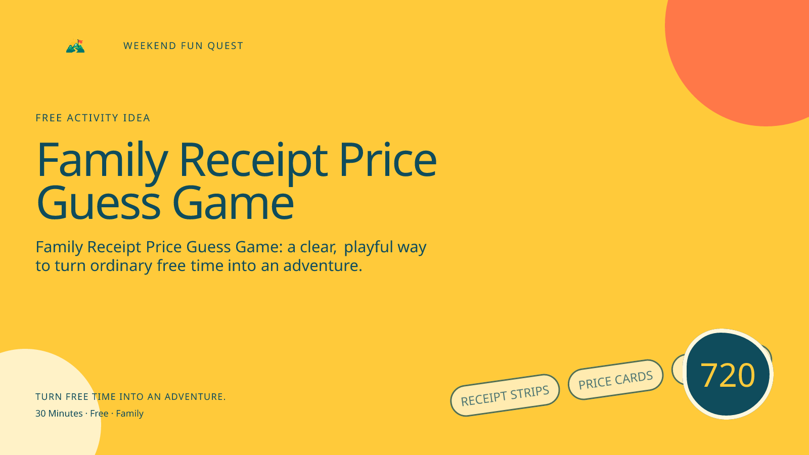 Wide hero Weekend Fun Quest illustration for family receipt price guess game featuring receipt strips, price cards, pencil stars