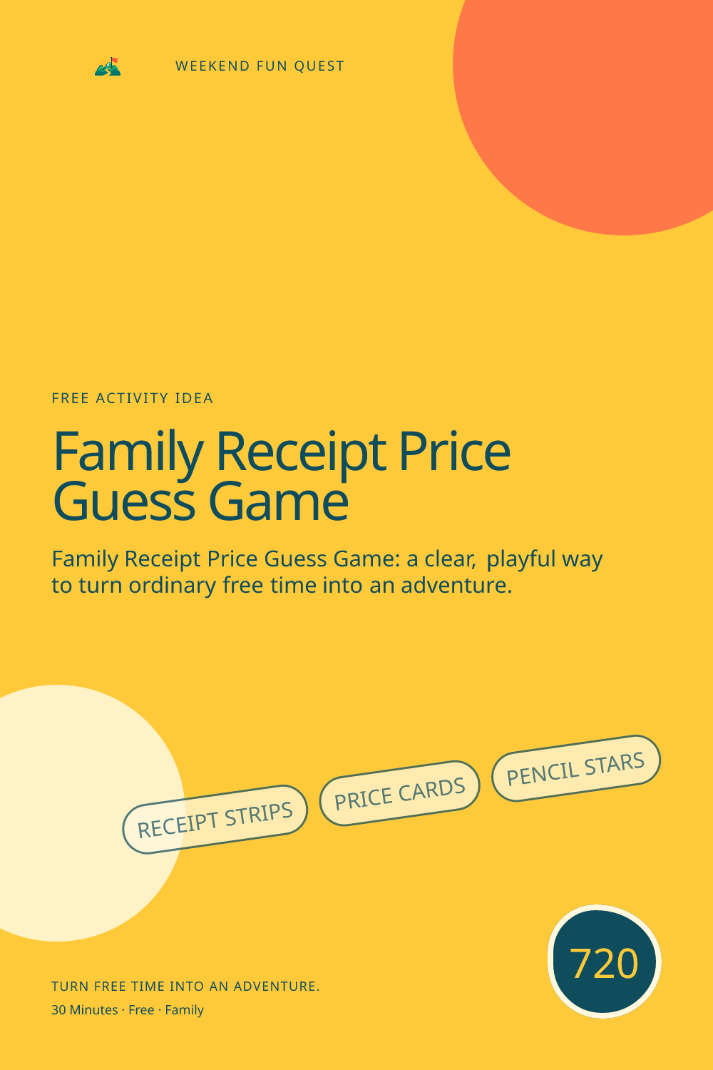 Vertical Pinterest Weekend Fun Quest illustration for family receipt price guess game featuring receipt strips, price cards, pencil stars