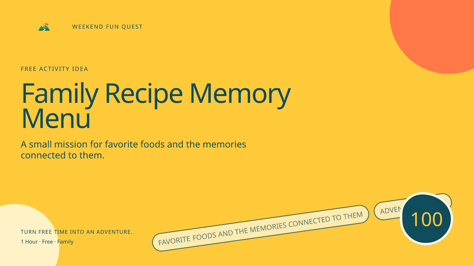Wide Weekend Fun Quest illustration for family recipe memory menu featuring favorite foods and the memories connected to them