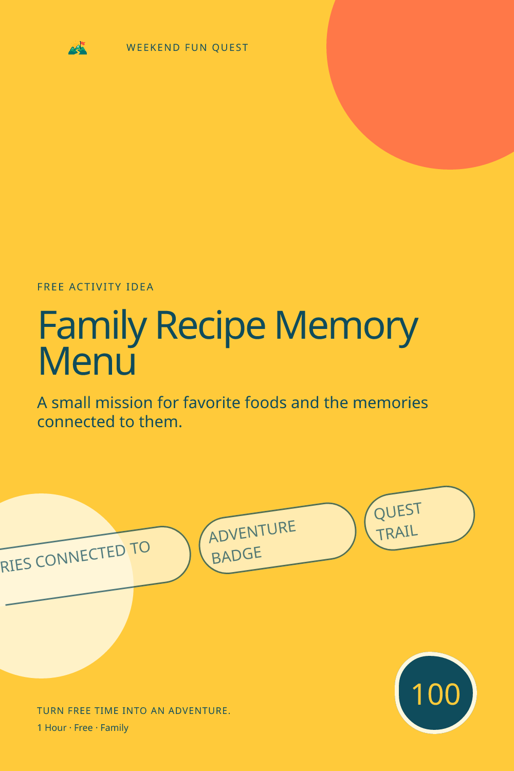 Vertical Pinterest graphic for family recipe memory menu featuring favorite foods and the memories connected to them and a quest trail