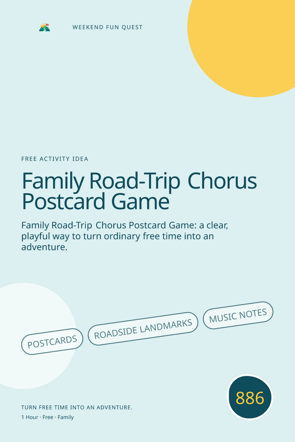 Vertical Pinterest for family road-trip chorus postcard game featuring postcards, roadside landmarks, music notes