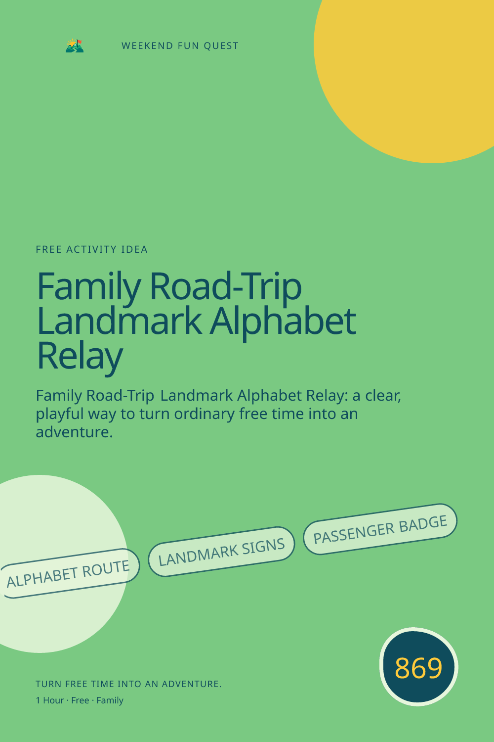 Vertical Pinterest Weekend Fun Quest illustration for family road-trip landmark alphabet relay featuring alphabet route, landmark signs, passenger badge