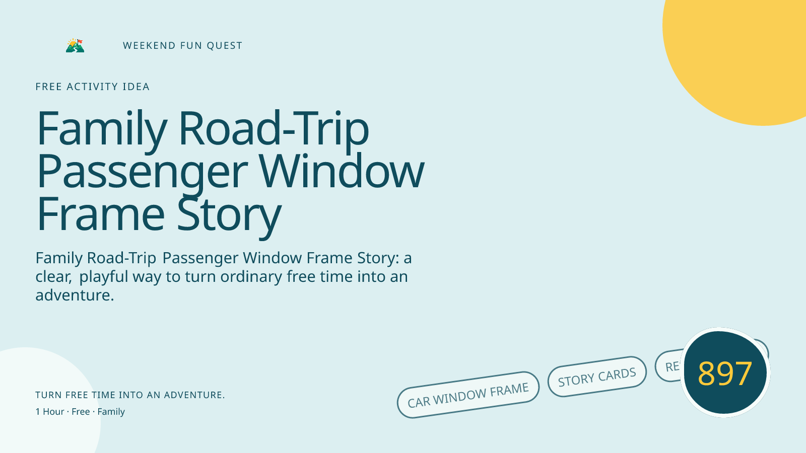 Wide hero for family road-trip passenger window frame story featuring car window frame, story cards, rest-stop flag
