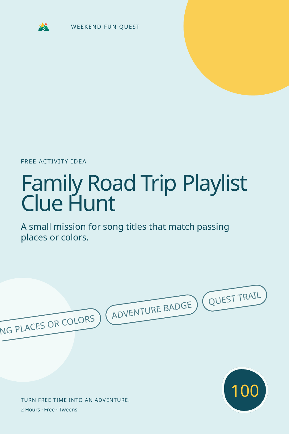 Vertical Pinterest graphic for family road trip playlist clue hunt featuring song titles that match passing places or colors and a quest trail