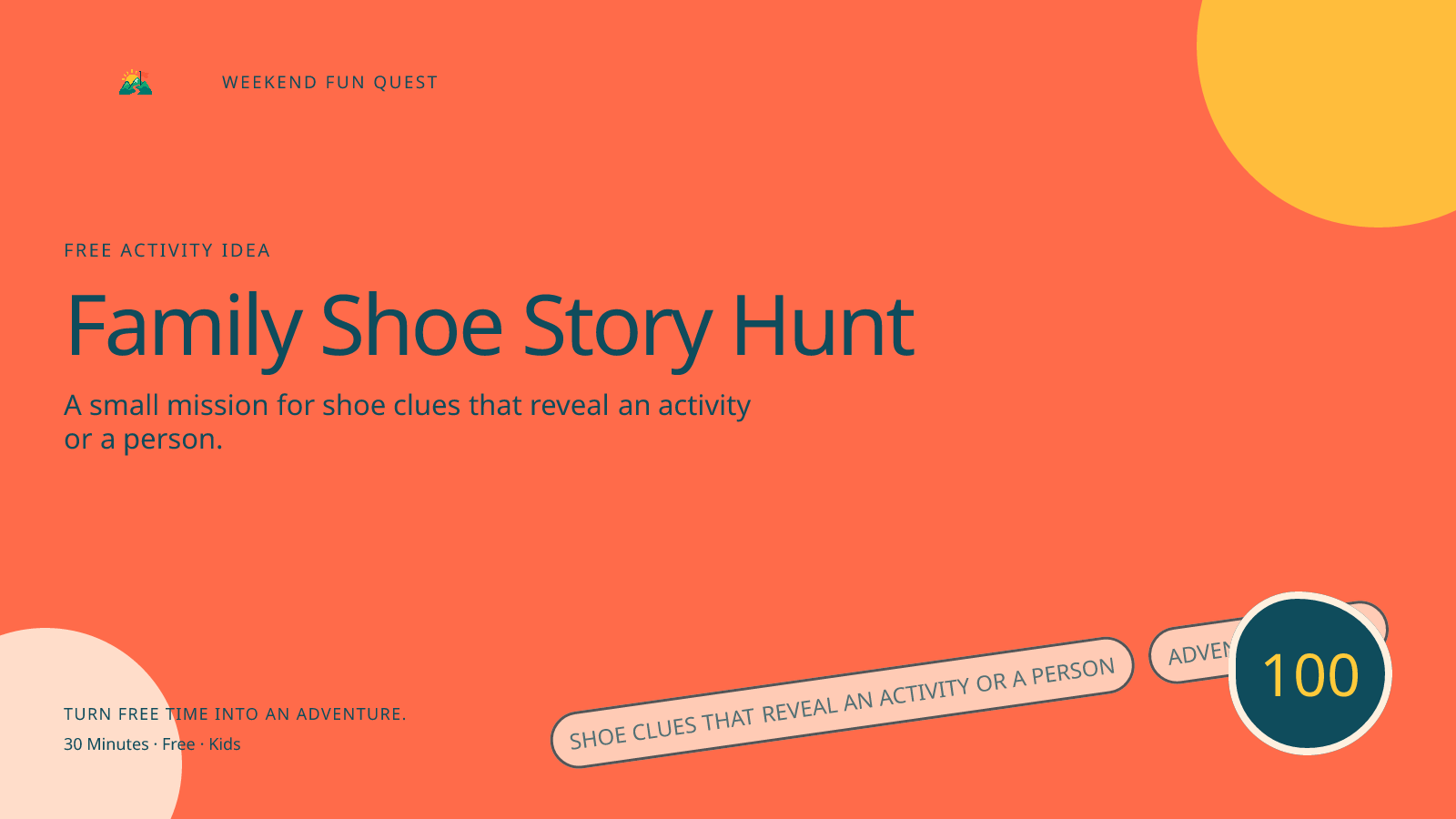 Wide Weekend Fun Quest illustration for family shoe story hunt featuring shoe clues that reveal an activity or a person