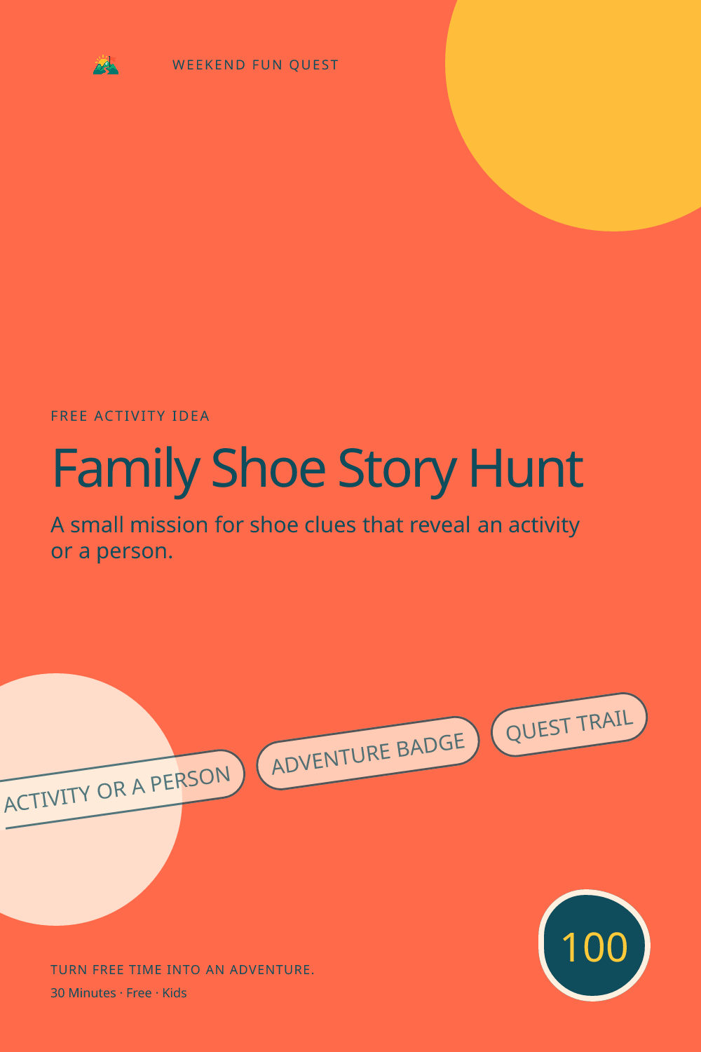 Vertical Pinterest graphic for family shoe story hunt featuring shoe clues that reveal an activity or a person and a quest trail