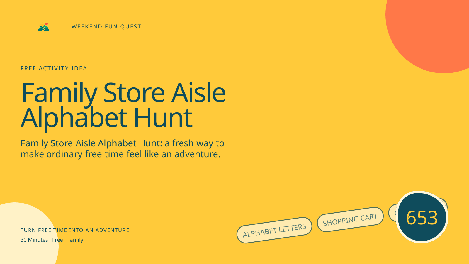 Wide Weekend Fun Quest illustration for family store aisle alphabet hunt featuring alphabet letters, shopping cart, grocery list