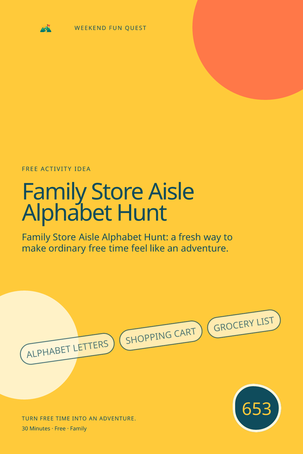 Vertical Pinterest Weekend Fun Quest illustration for family store aisle alphabet hunt featuring alphabet letters, shopping cart, grocery list