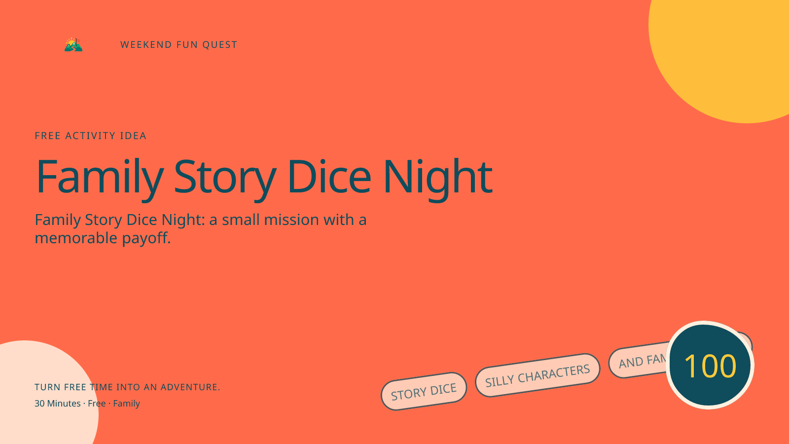 Wide Weekend Fun Quest illustration for family story dice night featuring story dice, silly characters, and family endings