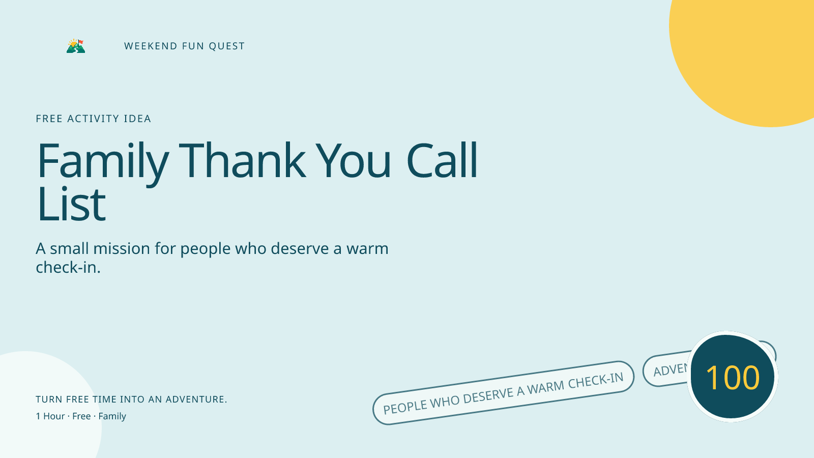 Wide Weekend Fun Quest illustration for family thank you call list featuring people who deserve a warm check-in
