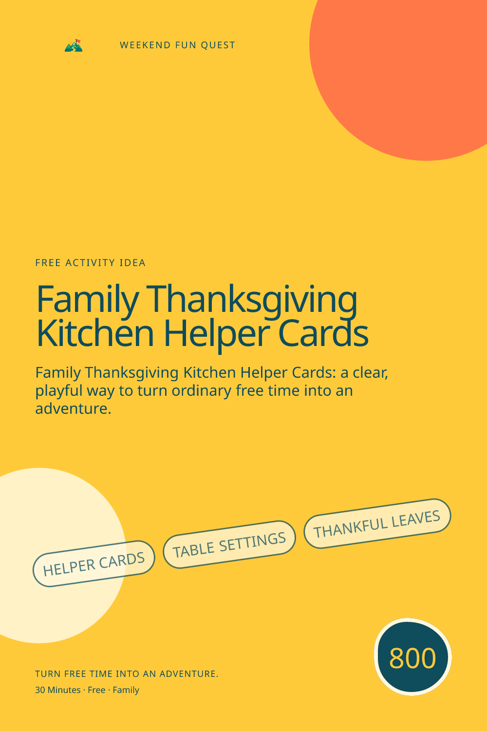 Vertical Pinterest Weekend Fun Quest illustration for family thanksgiving kitchen helper cards featuring helper cards, table settings, thankful leaves
