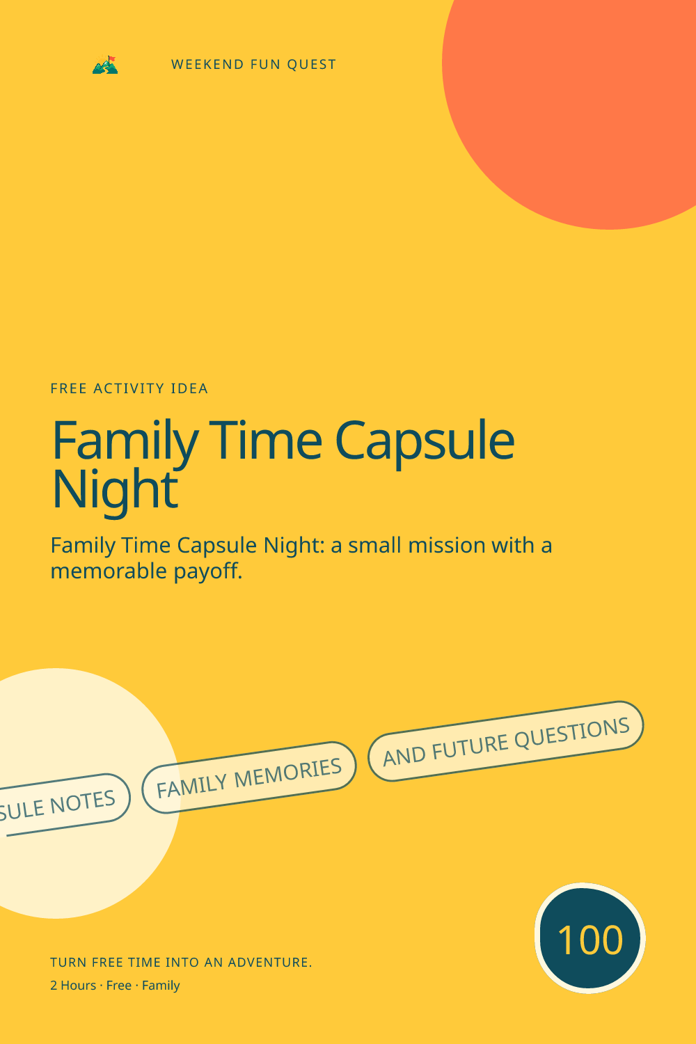 Vertical Pinterest activity illustration for family time capsule night featuring time-capsule notes, family memories, and future questions