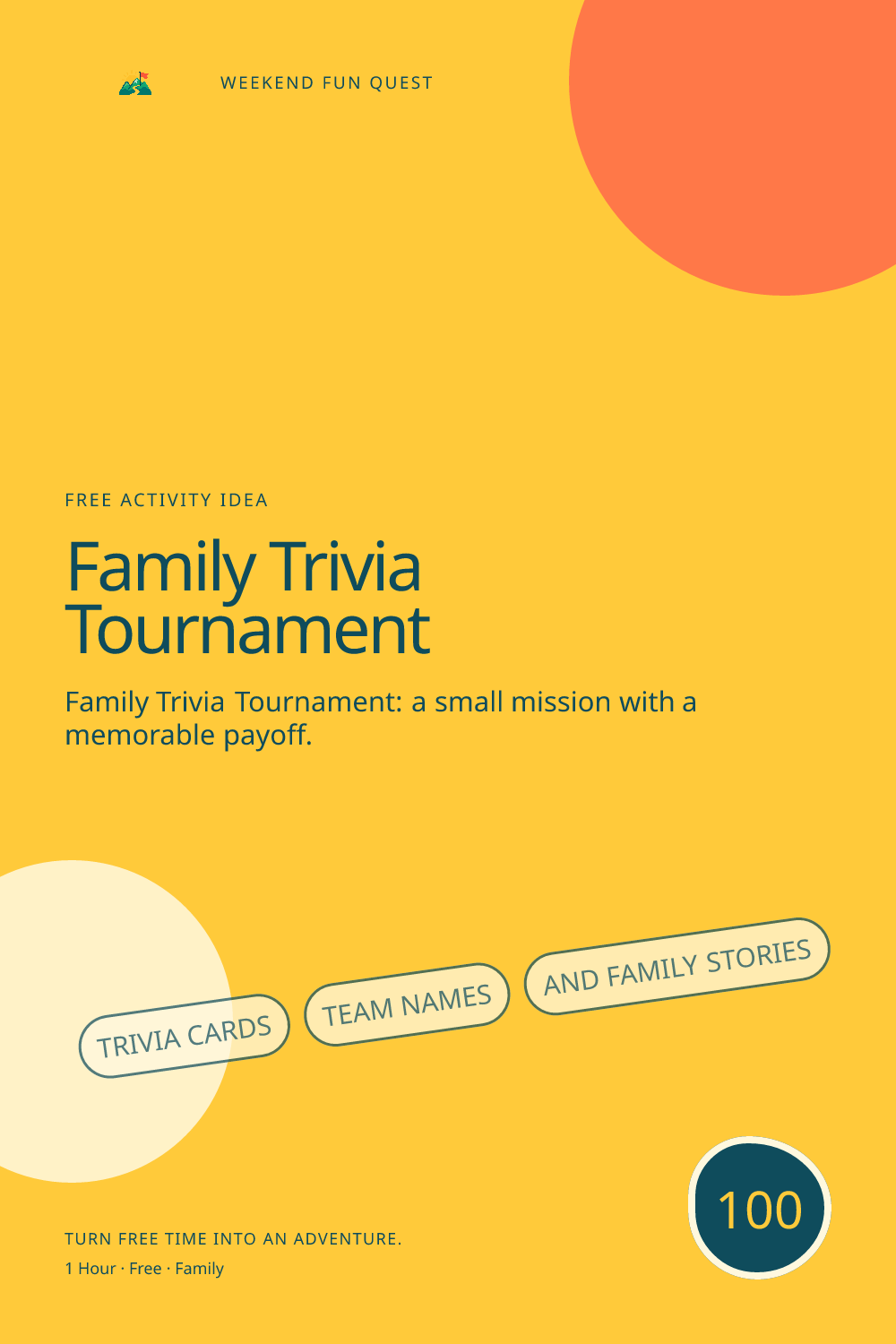 Vertical Pinterest activity illustration for family trivia tournament featuring trivia cards, team names, and family stories