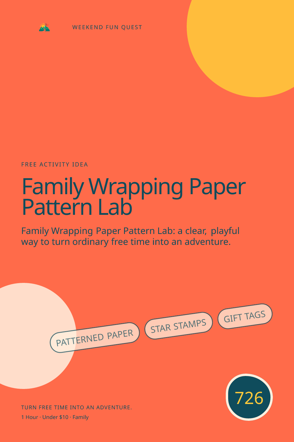 Vertical Pinterest Weekend Fun Quest illustration for family wrapping paper pattern lab featuring patterned paper, star stamps, gift tags