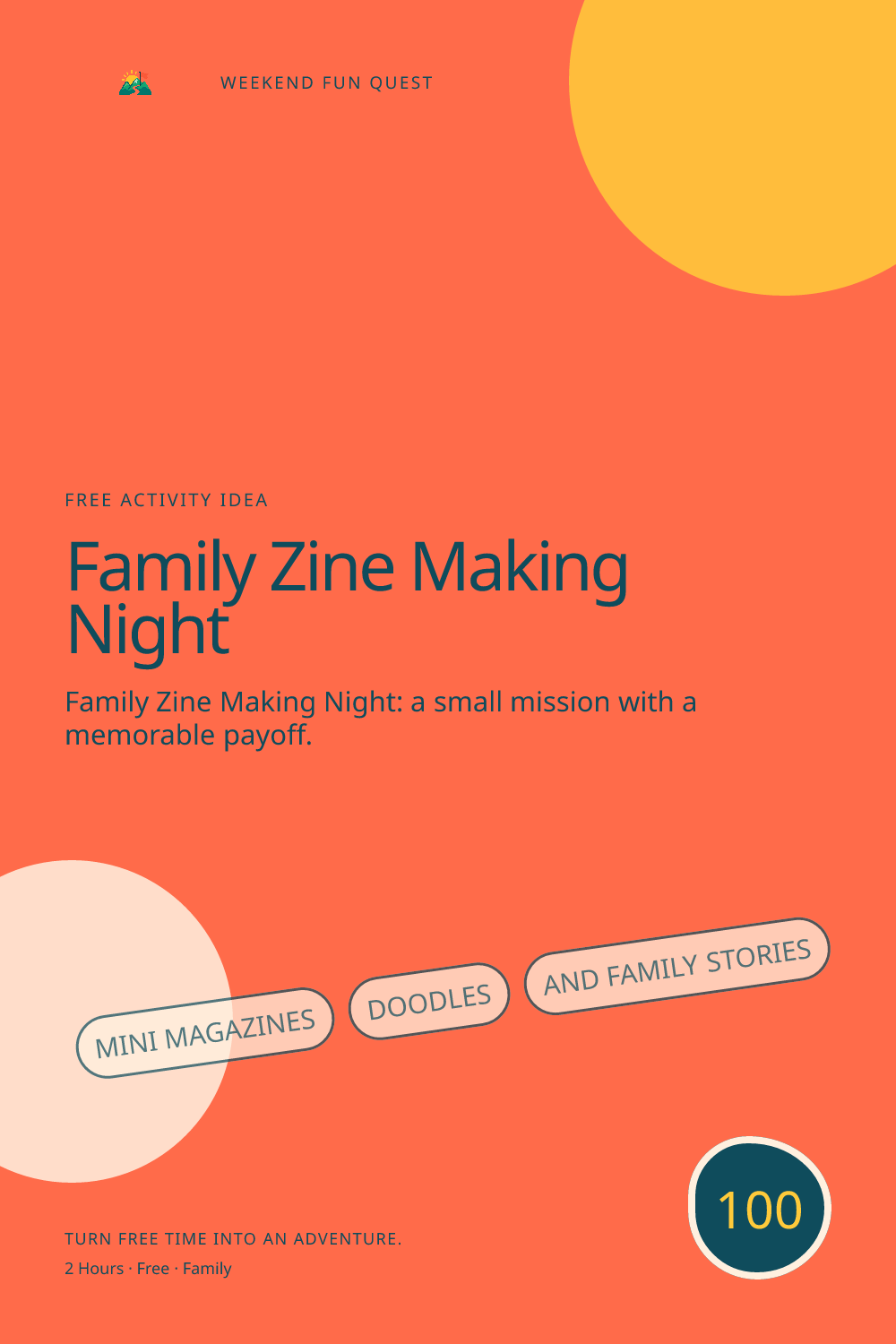 Vertical Pinterest activity illustration for family zine making night featuring mini magazines, doodles, and family stories