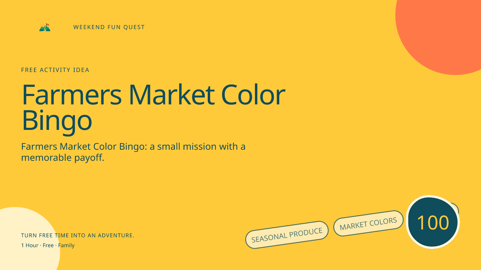 Wide Weekend Fun Quest illustration for farmers market color bingo featuring seasonal produce, market colors, and signs